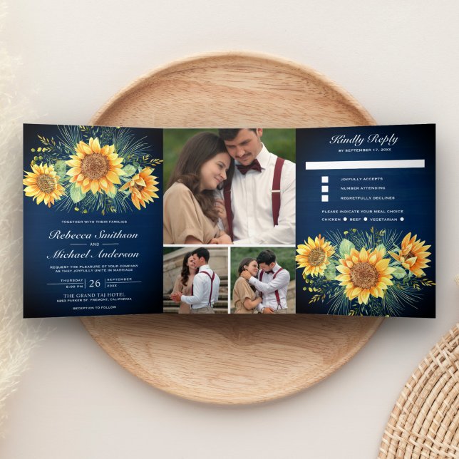 Invitación Tríptica Boda de fotos de girasoles de madera azul de la Ma (Subido por el creador)