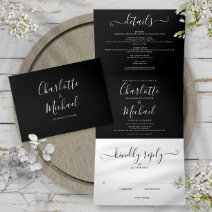 Invitación Tríptica Boda De Fotos De Guiones Elegantes En Blanco Y Neg