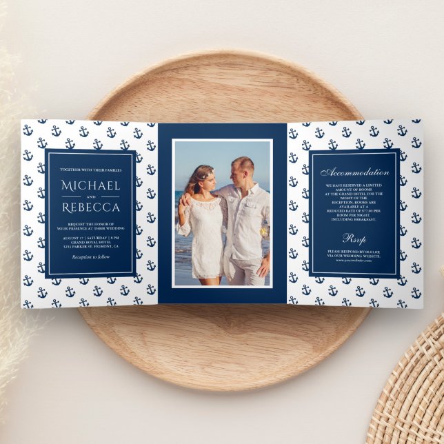 Invitación Tríptica Boda de fotos de los ancestros náuticos azules de  (Subido por el creador)