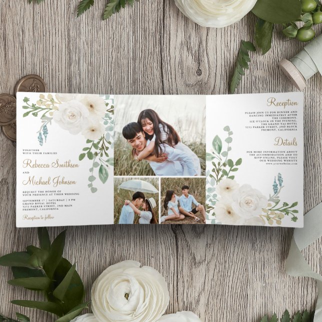 Invitación Tríptica Boda de fotos de Marfil Floral Sage Green Leaves (Subido por el creador)