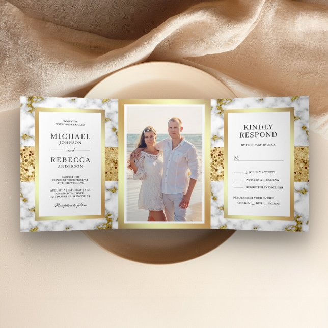 Invitación Tríptica Boda de fotos de mármol gris blanco Purpurina de o (Subido por el creador)