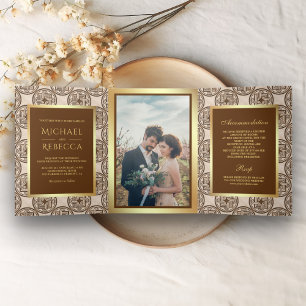 Invitación Tríptica Boda de fotos del Relieve metalizado dorado Faux T