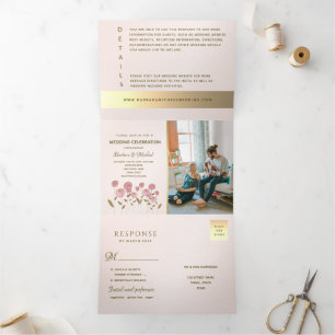 Invitación Tríptica Boda de Fotos Florales Rosa de Rubor Romántico
