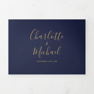 Invitación Tríptica Boda de fotos Minimalista con guiones azul y oro d