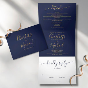 Invitación Tríptica Boda de fotos Minimalista de Navy Blue Gold Script