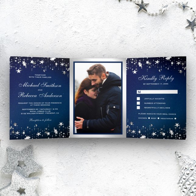 Invitación Tríptica Boda de Galaxia Azul de la noche del Confetti Silv (Subido por el creador)