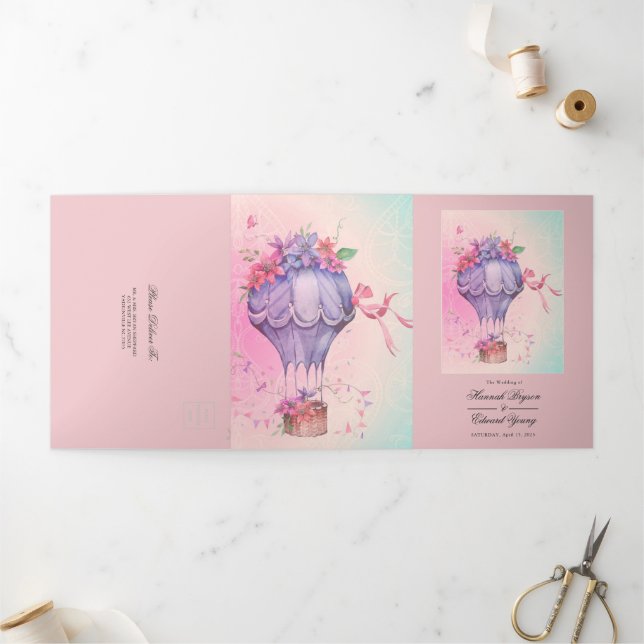 Invitación Tríptica Boda de globo aerostático retro vintage (Exterior)