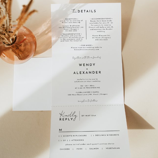 Invitación Tríptica Boda de guiones blancos modernos todo en uno (Subido por el creador)