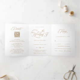 Invitación Tríptica Boda de guiones de estilo elegante dorado y blanco