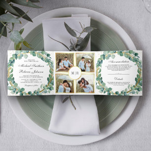 Invitación Tríptica Boda de guirnaldas rusas verde y oro