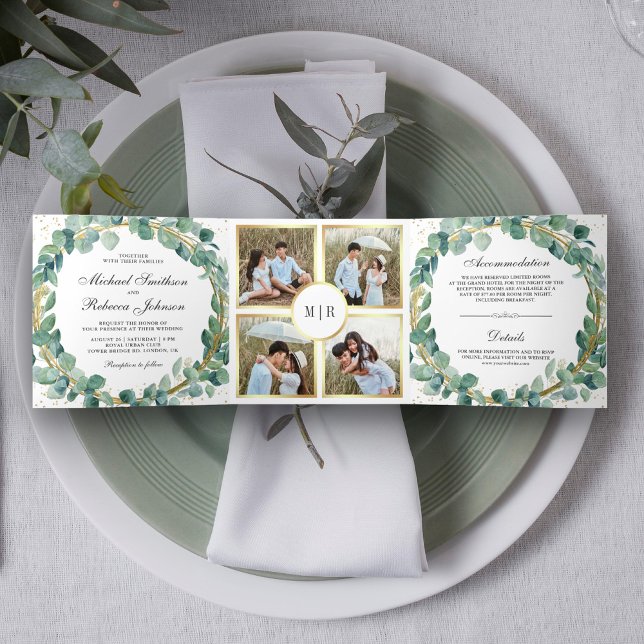 Invitación Tríptica Boda de guirnaldas rusas verde y oro (Subido por el creador)