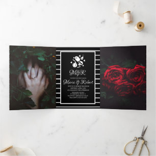 Invitación Tríptica Boda de Halloween Rayas Góticas Calavera