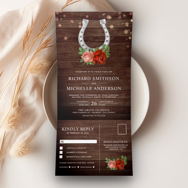 Invitación Tríptica Boda de herradura floral de madera de granero rúst (Subido por el creador)
