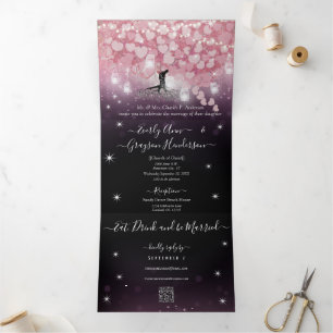 Invitación Tríptica Boda de hoja de corazón rosa y negro con polvo púr