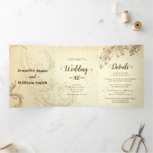 Invitación Tríptica Boda de hoja de pergamino marrón y beige