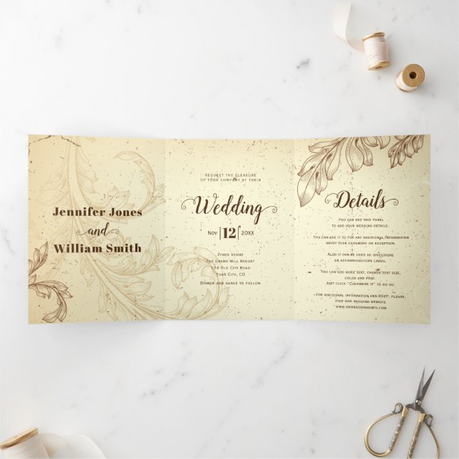 Invitación Tríptica Boda de hoja de pergamino marrón y beige (Interior)