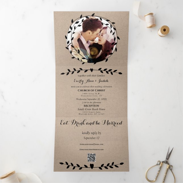 Invitación Tríptica Boda de Hoja Negra Simple Moderna Boho (Interior)