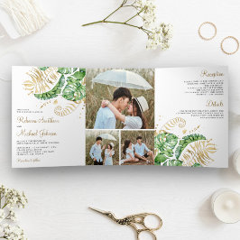 Invitación Tríptica Boda de Hojas de Palma Monstera Verde Tropical Dor