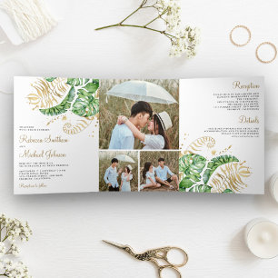 Invitación Tríptica Boda de Hojas de Palma Monstera Verde Tropical Dor