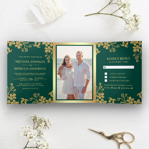Invitación Tríptica Boda de hojas florales de oro y verde teal