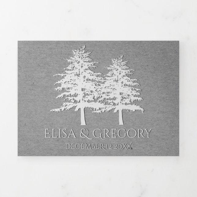 Invitación Tríptica Boda de invierno en papel de kraft gris de árboles (Foto de portada)