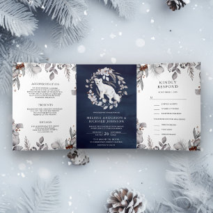 Invitación Tríptica Boda de invierno rústica acuarela zorro ártico 3 e