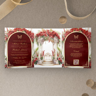 Invitación Tríptica Boda de Jardín de Mariposas Florales Rojas Todo en