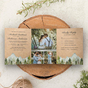 Invitación Tríptica Boda de Kraft Rústico con Acuarela de Pino de Mont