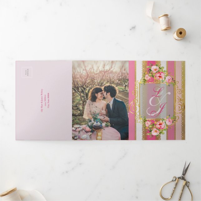 Invitación Tríptica Boda de la era de la regencia floral rosa (Exterior)