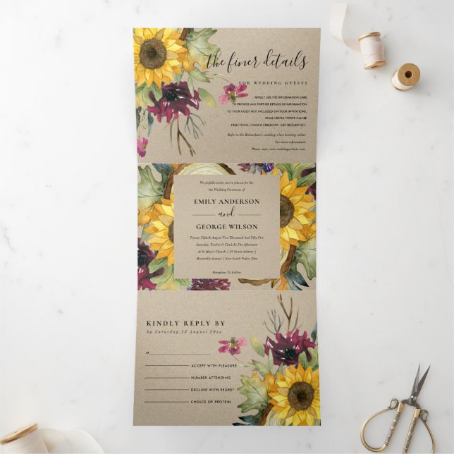 Invitación Tríptica Boda DE LA FLORAL DE VINO DE BURGUNDY SUNFLOWER DE (Interior)