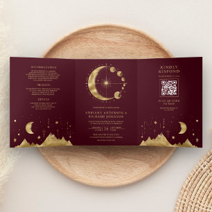 Invitación Tríptica Boda de la Luna Creciente de Oro de Borgoña Celest