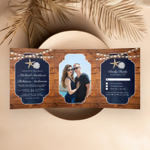 Invitación Tríptica Boda de la Marina Azul Starfish Sand Dollar Beach