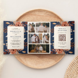 Invitación Tríptica Boda de la Marina del Código QR floral de Cream y 
