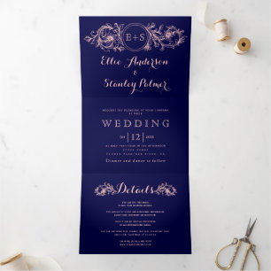 Invitación Tríptica Boda de la marina rubia de color rosa de color vin