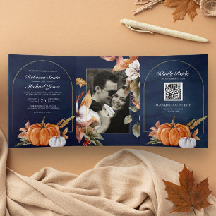 Invitación Tríptica Boda de la Marina Rustic Boho Foto de QR Code