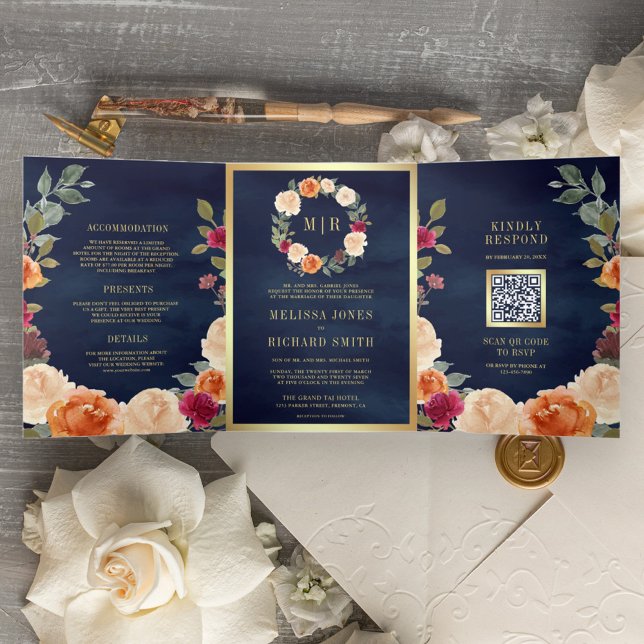 Invitación Tríptica Boda de la Marina Rustic Earthy Floral Wreath QR C (Subido por el creador)