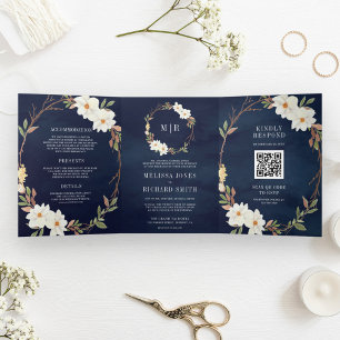 Invitación Tríptica Boda de la Marina Rustic White Magnolia Floral QR 