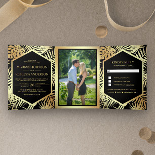 Invitación Tríptica Boda de la palma tropical del Relieve metalizado d
