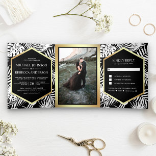 Invitación Tríptica Boda de la palma tropical del Relieve metalizado d