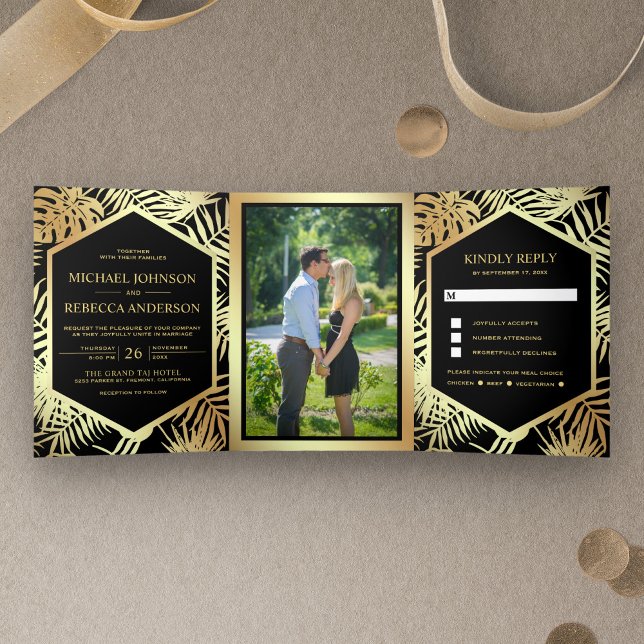 Invitación Tríptica Boda de la palma tropical del Relieve metalizado d (Subido por el creador)