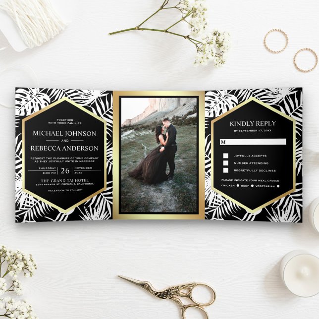 Invitación Tríptica Boda de la palma tropical del Relieve metalizado d (Subido por el creador)