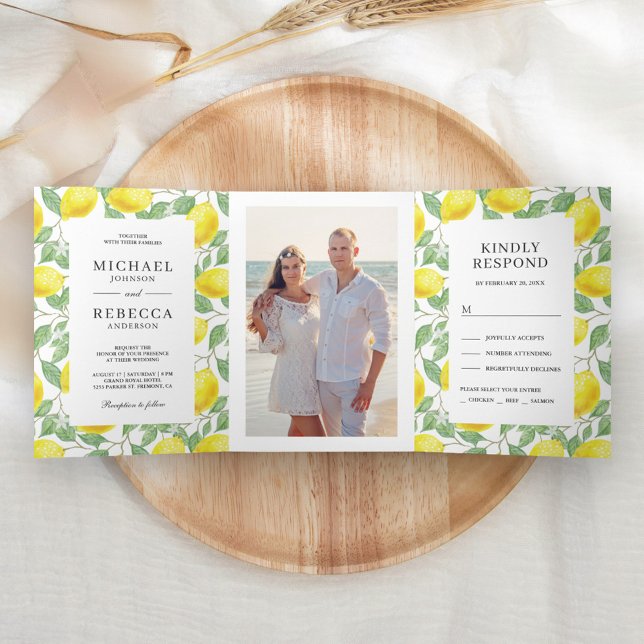 Invitación Tríptica Boda de la vegetación moderna de limón orchard (Subido por el creador)