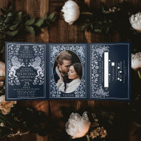 Boda de León Medieval Real de Plata Azul Tri-Fold