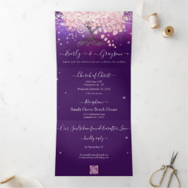 Invitación Tríptica Boda de Lila Púrpura y Árbol de Hoja de Corazón Ro