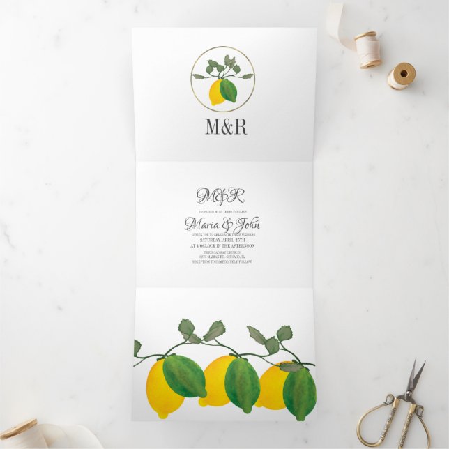 Invitación Tríptica Boda de limonaje de vegetación acuarela moderna a  (Interior)