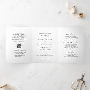 Invitación Tríptica Boda de limpieza de código QR simple en blanco y n
