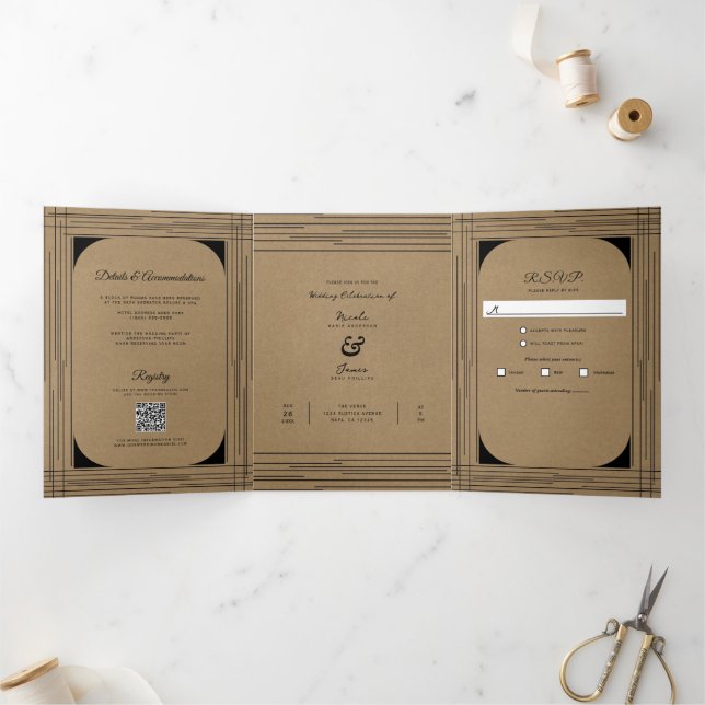 Invitación Tríptica Boda de líneas modernas mínimas de Kraft negro (Interior)