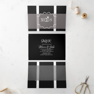Invitación Tríptica Boda de logotipo de anillo gris de cuadros minimal