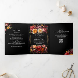 Invitación Tríptica Boda de lujo Floral Botanical Black Moody