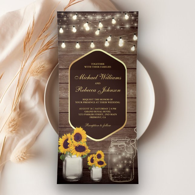 Invitación Tríptica Boda de luz de cuerda de frasco de albañil de gira (Subido por el creador)